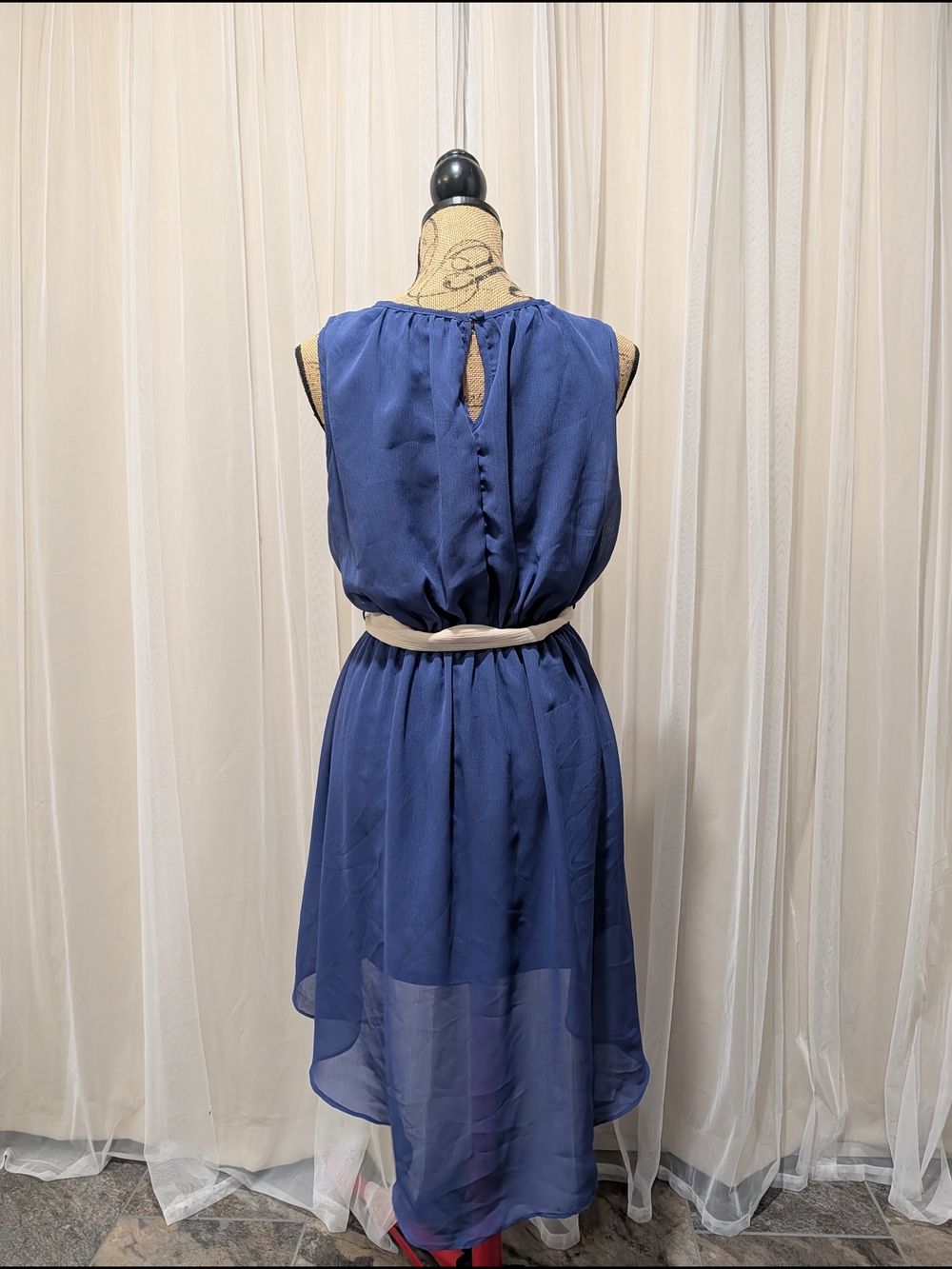 Navy High-Low Chiffon Dress with Cream Tie - Picture 6 of 7